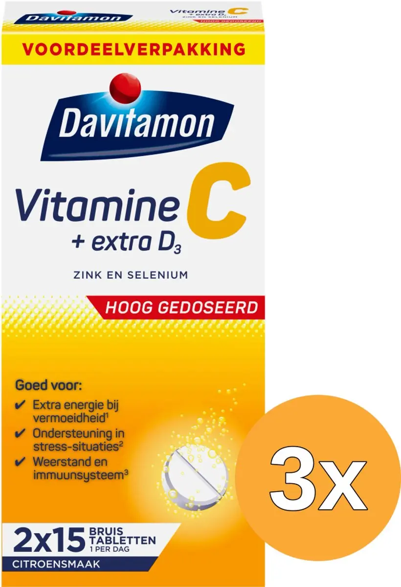 3x Davitamon Vitamine C + Extra D3 Bruistabletten Citroensmaak (30 tabletten)