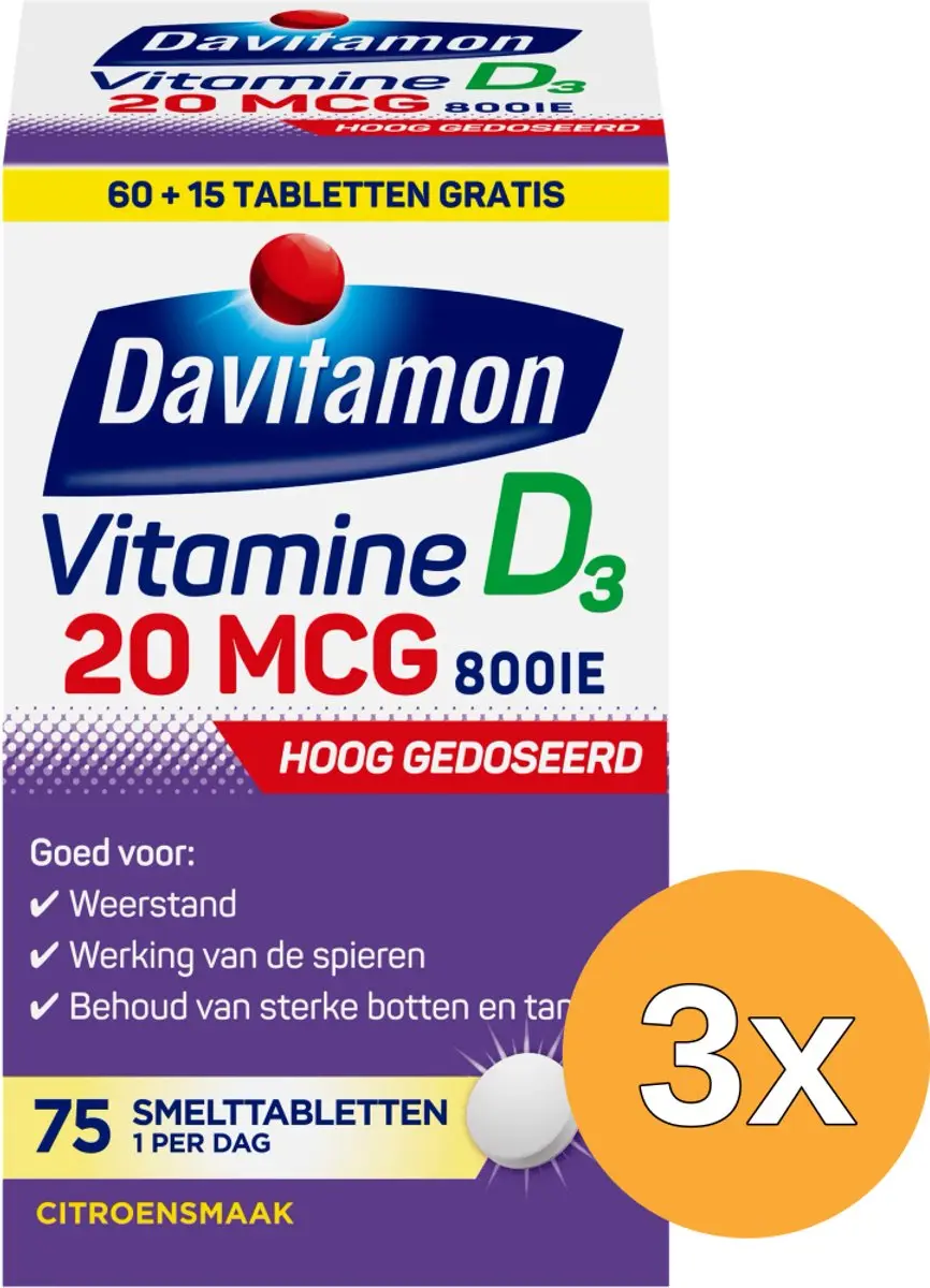3x Davitamon Vitamine D3 20mcg (75 tabletten)