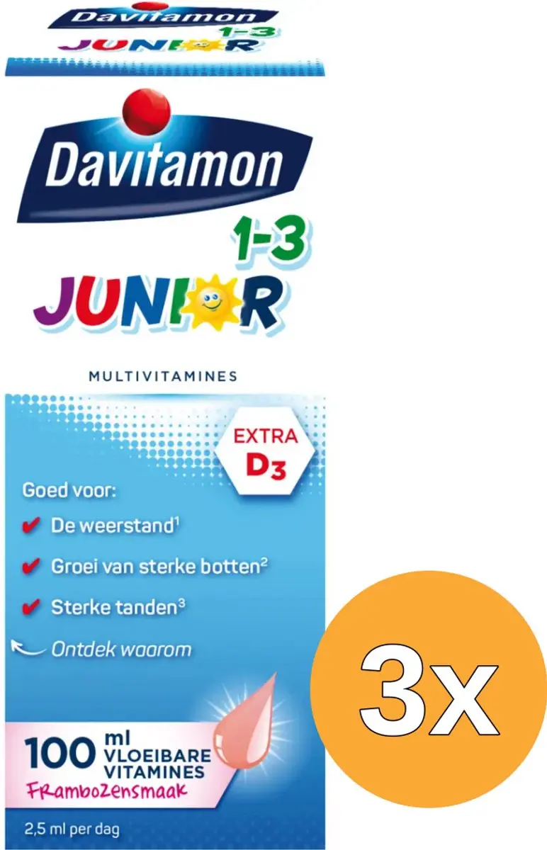 3x Davitamon Junior 1+ vloeibare vitamines framboos (100 ml)