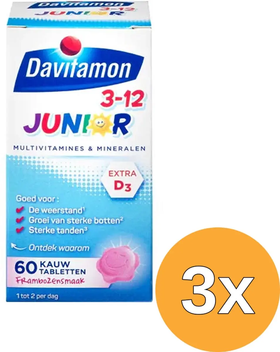 3x Davitamon Junior 3+ framboos (60 kauwtabletten)