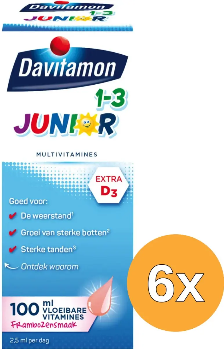 6x Davitamon Junior 1+ vloeibare vitamines framboos (100 ml)
