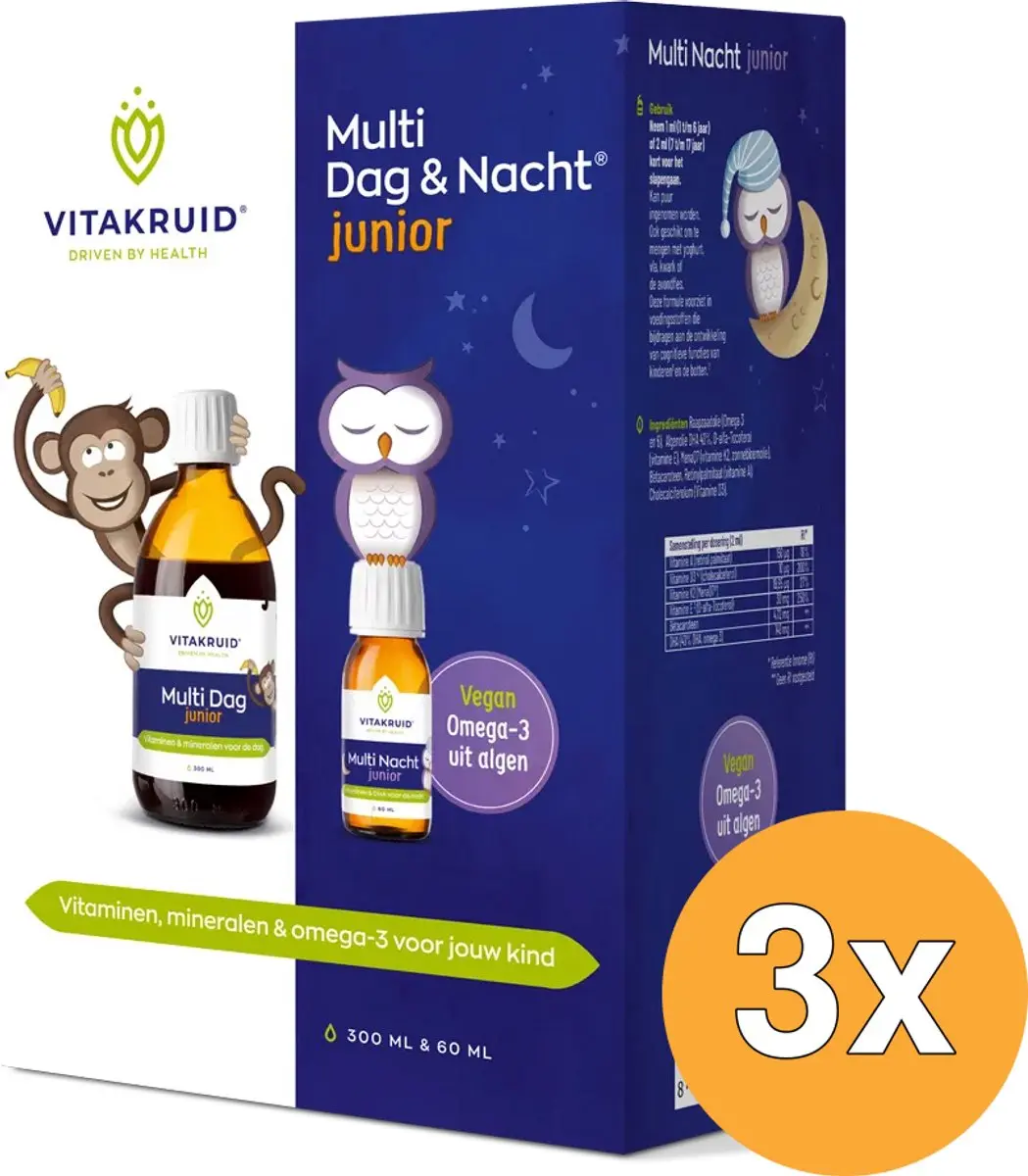 3x Vitakruid Multi Dag & Nacht Junior 100% Vegan (300 + 60 ml)