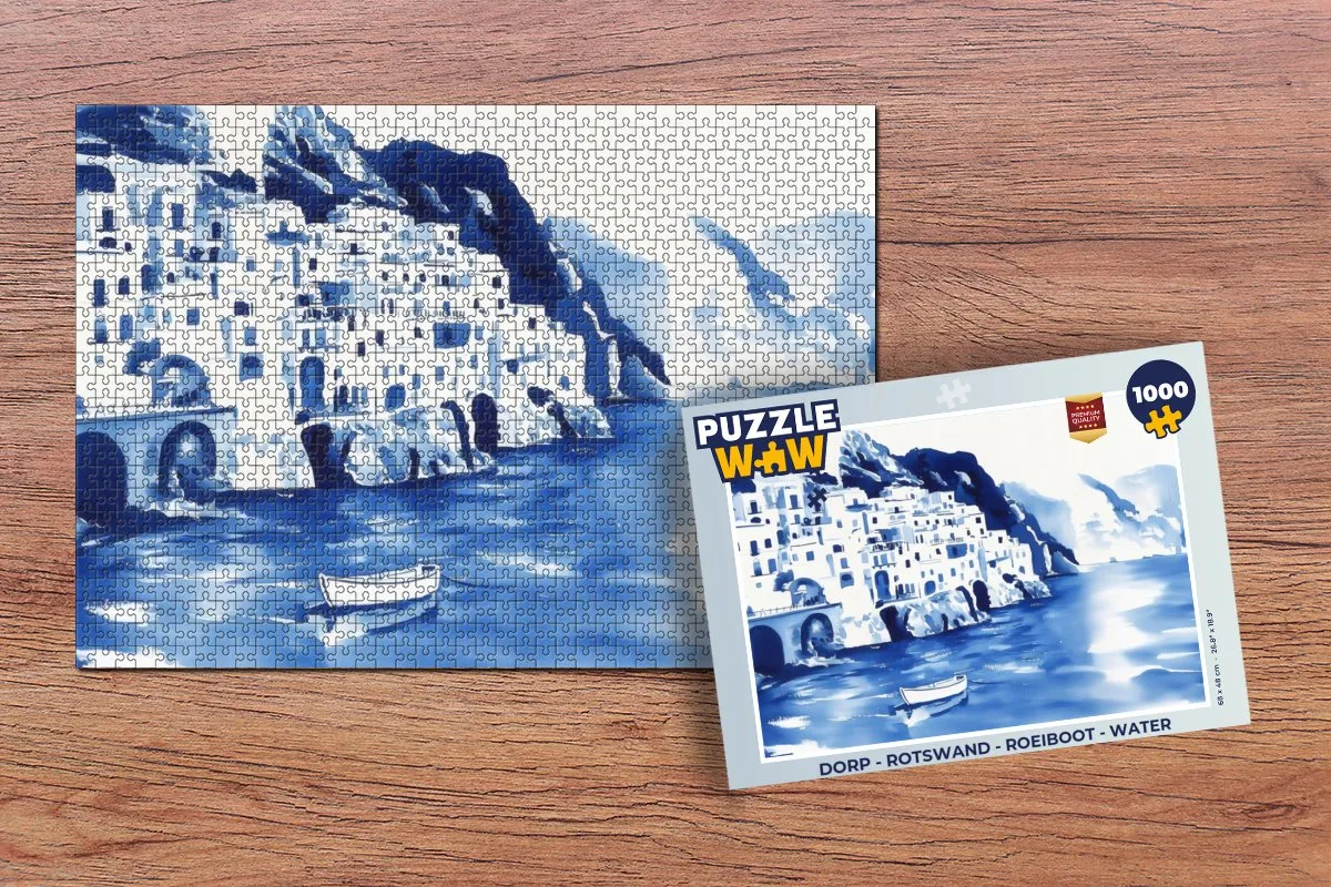 PuzzleWow Rotswand Roeiboot Legpuzzel 1000 Stuks - Dorp Water