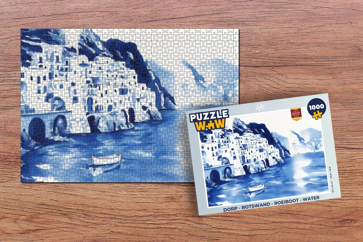 PuzzleWow Rotswand Roeiboot Legpuzzel 1000 Stuks - Dorp Water