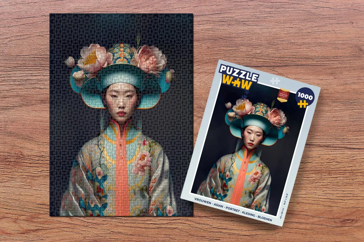 PuzzleWow Legpuzzel 1000 Stuks - Asian Portret Bloemen Multicolor