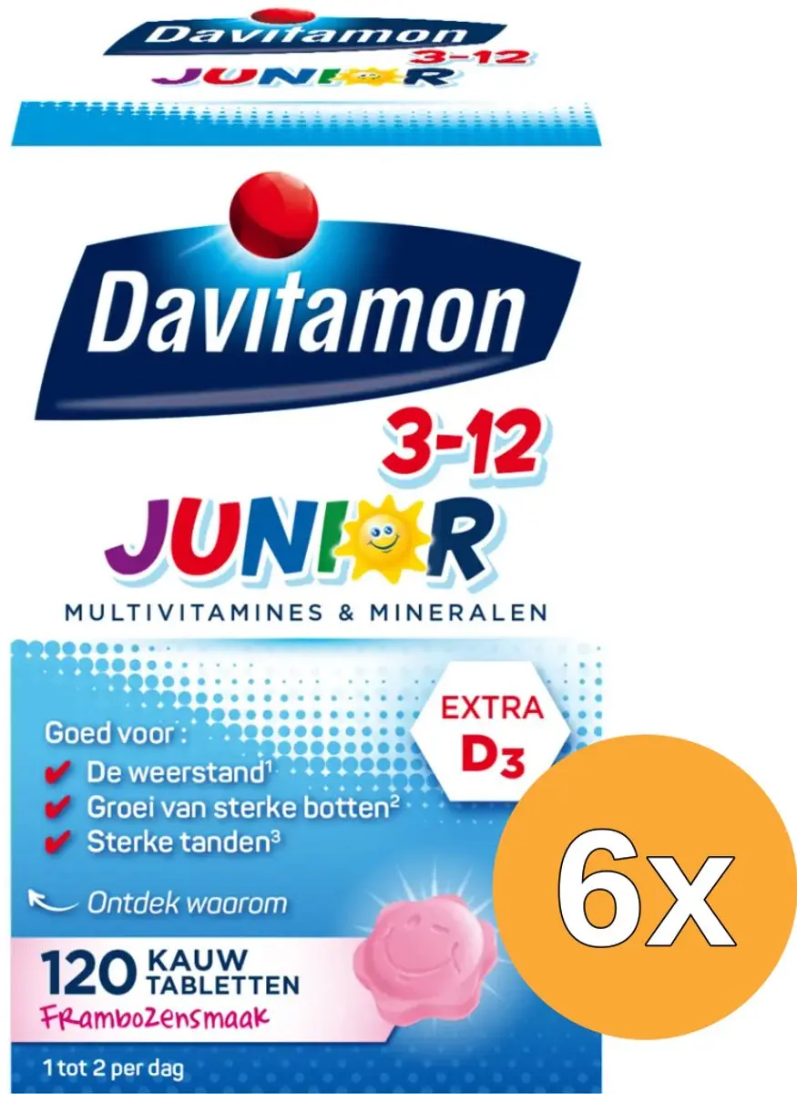 6x Davitamon Junior 3+ framboos (120 kauwtabletten)