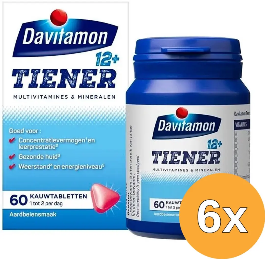 6x Davitamon Tiener 12+ aardbei (60 kauwtabletten)