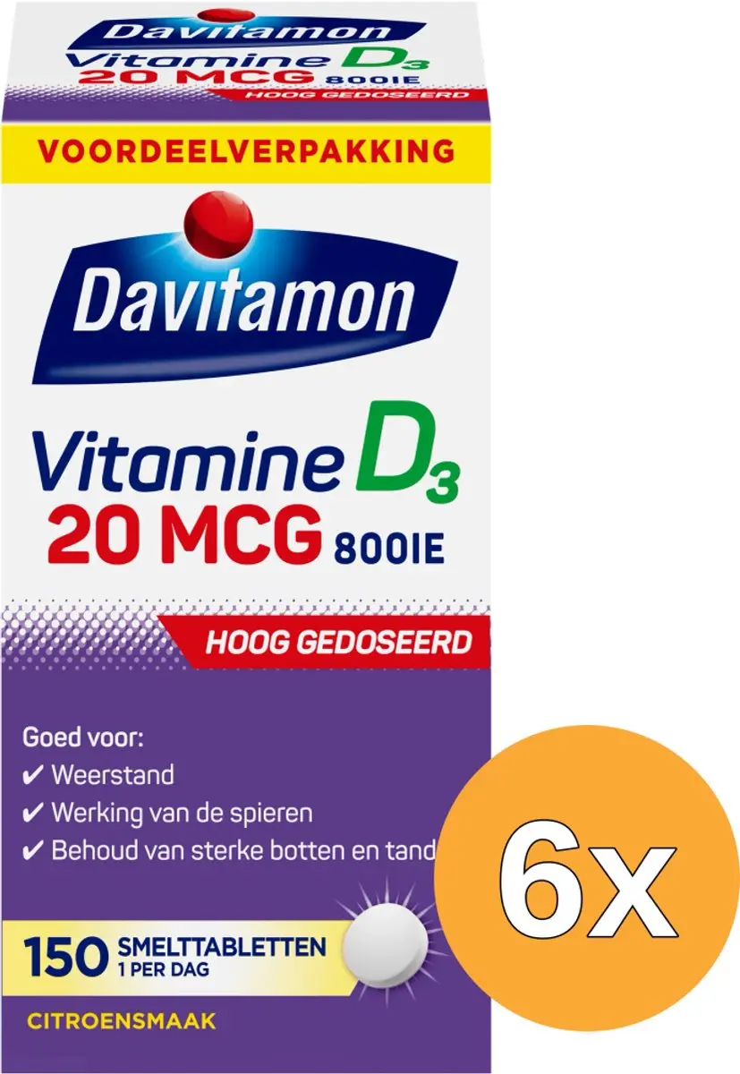 6x Davitamon Vitamine D3 20mcg (150 tabletten)