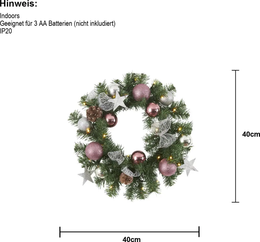Star Trading Kerstkrans Roze 40cm - Warm Wit - Batterij & Timer - afbeelding 5 van 6