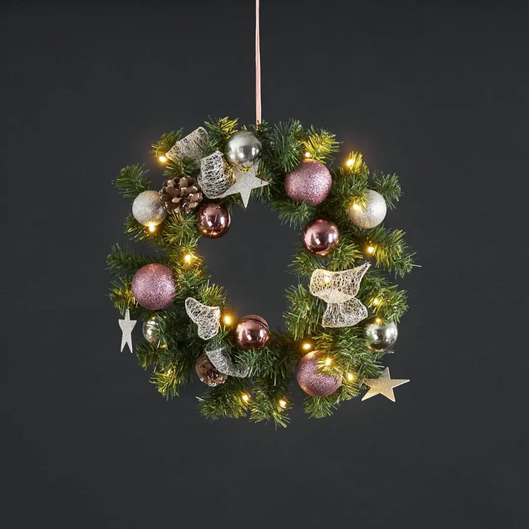 Star Trading Kerstkrans Roze 40cm - Warm Wit - Batterij & Timer - afbeelding 6 van 6