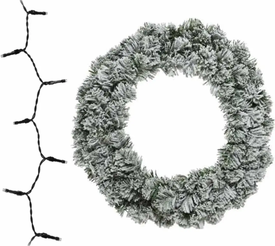 Besneeuwde kerstkrans/dennenkrans/deurkrans 60 cm inclusief gekleurde verlichtin