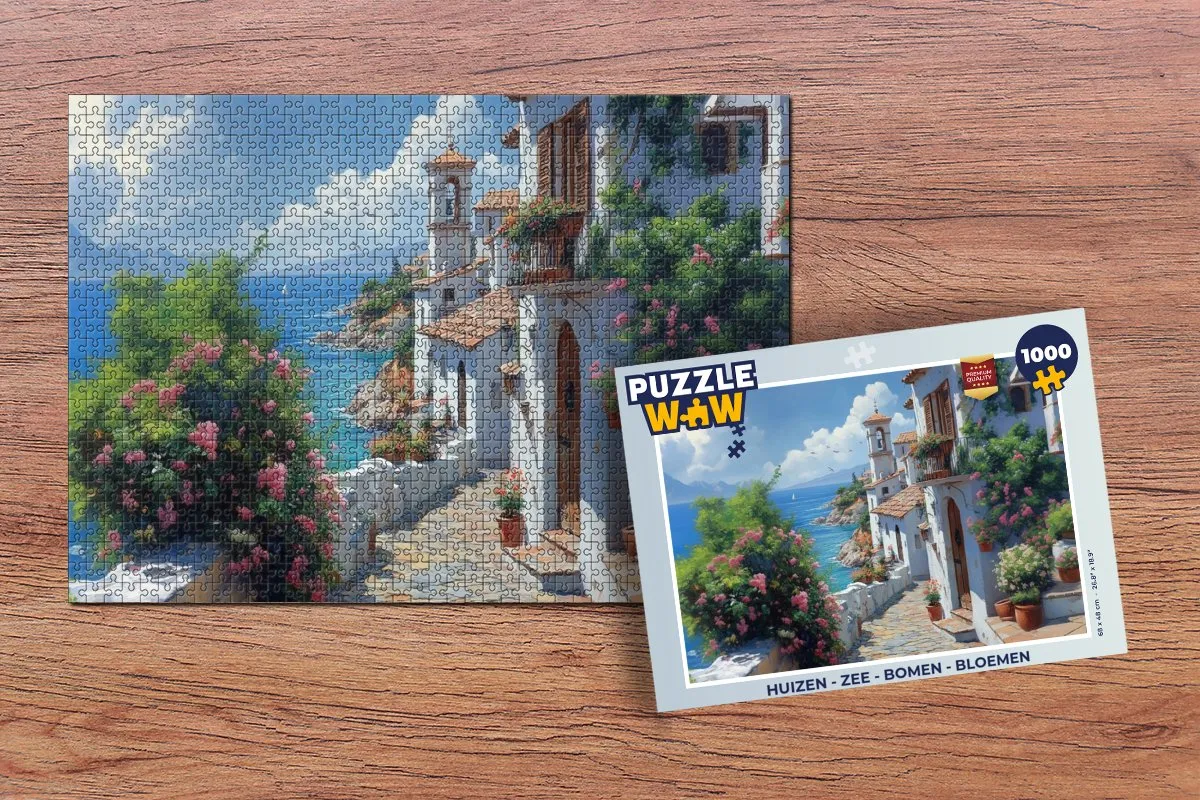 PuzzleWow Legpuzzel 1000 Stuks - Zee, Bloemen & Huizen
