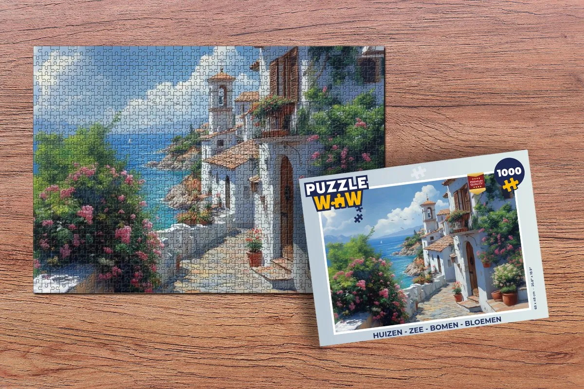 PuzzleWow Legpuzzel 1000 Stuks - Zee, Bloemen & Huizen