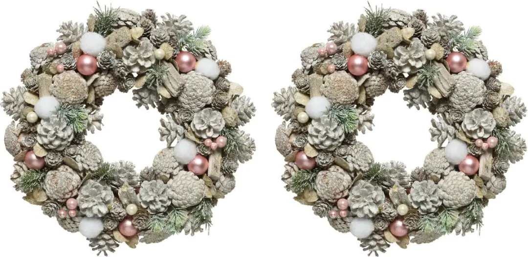 2x stuks kerstkransen/dennenkransen white wash met sneeuw en versiering 34 cm