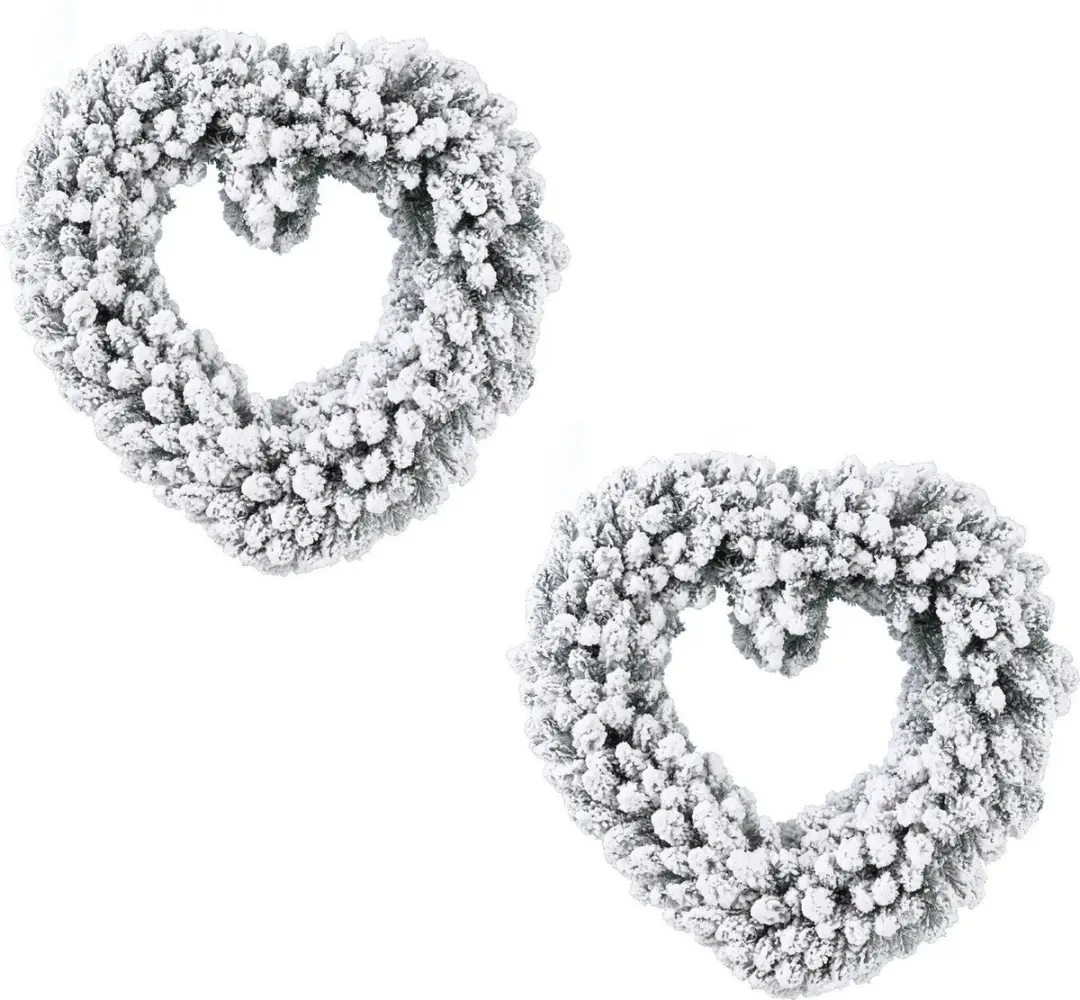 Set van 2x stuks kerstversiering kerstkrans hart met sneeuw deco 50 cm