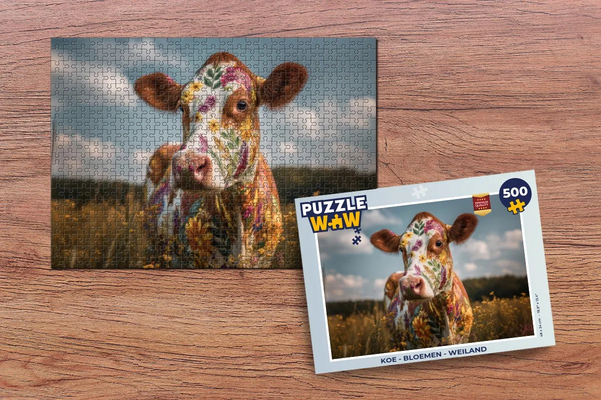 PuzzleWow Koe - Bloemen - Weiland Legpuzzel 500 Stuks