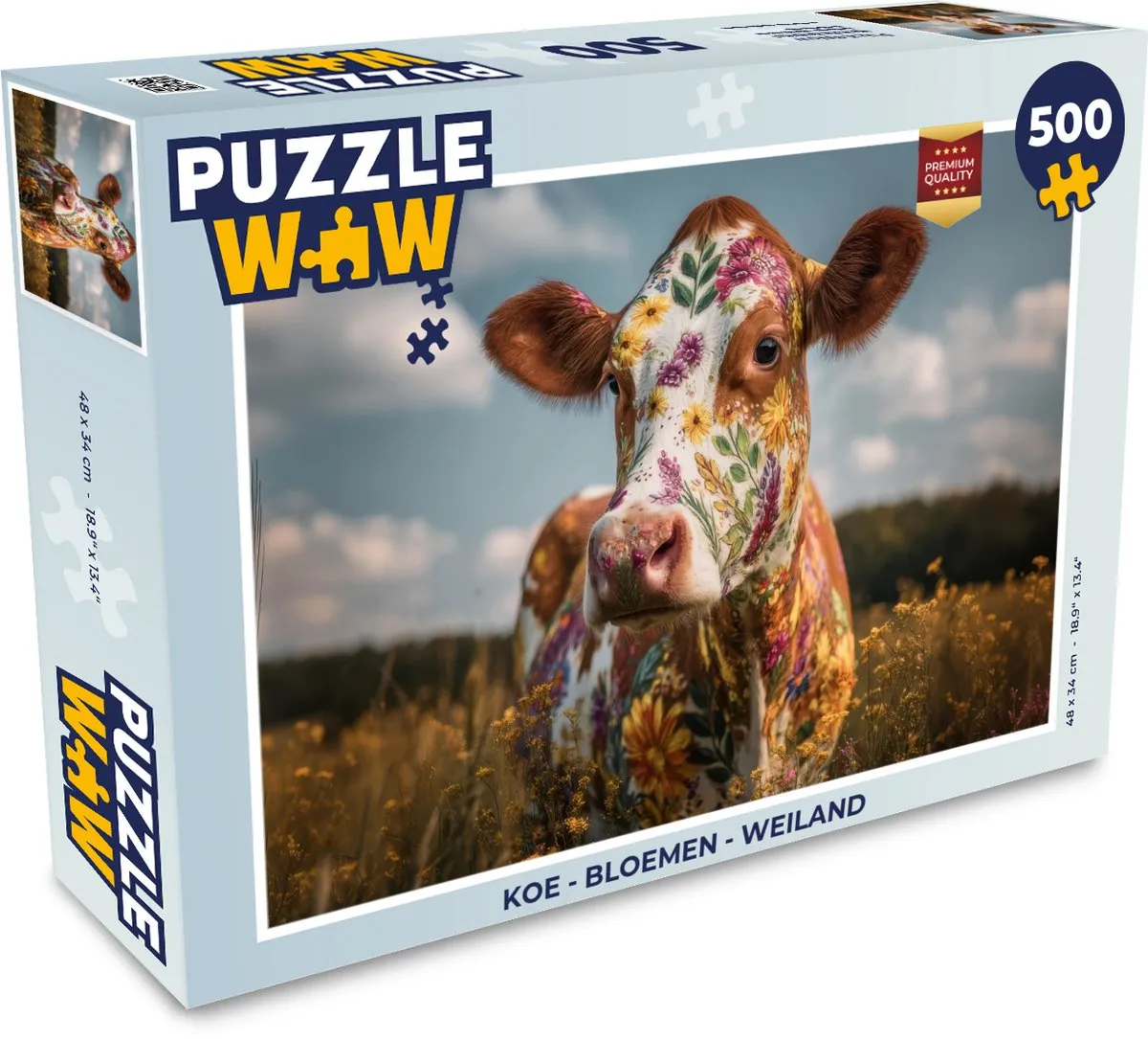 PuzzleWow Koe - Bloemen - Weiland Legpuzzel 500 Stuks