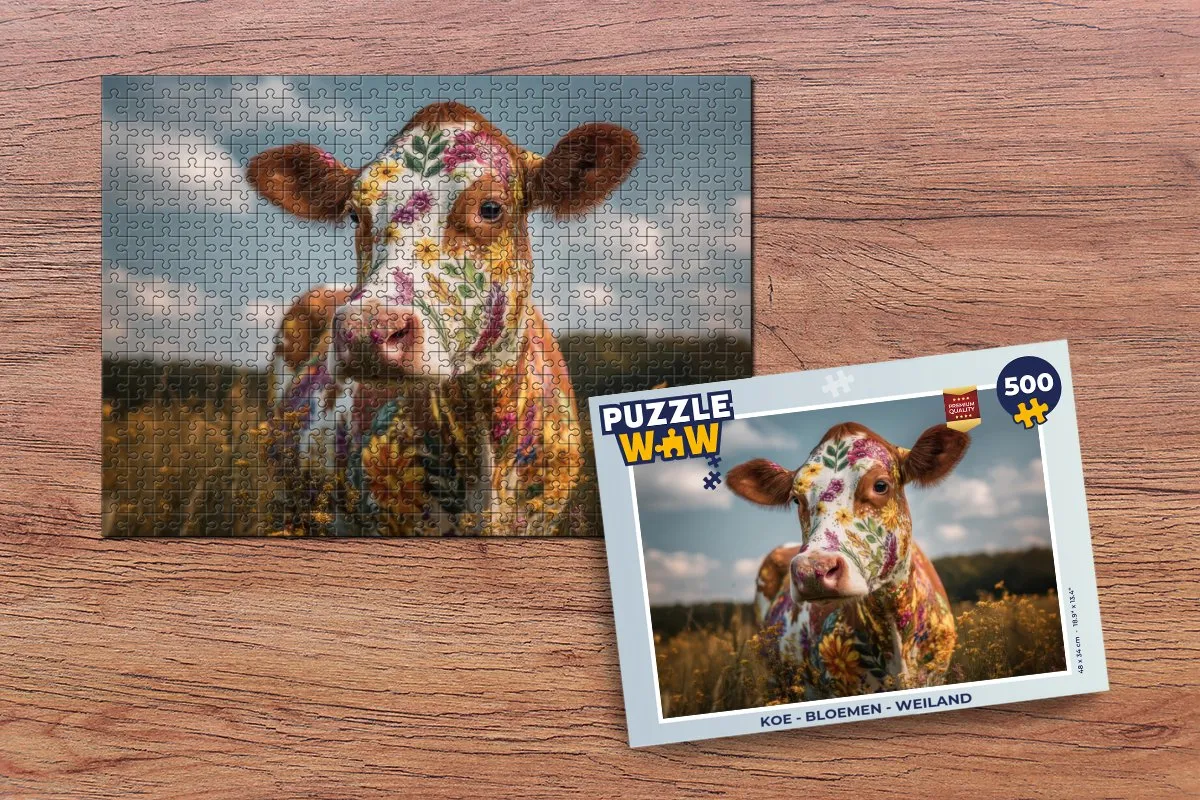 PuzzleWow Koe - Bloemen - Weiland Legpuzzel 500 Stuks