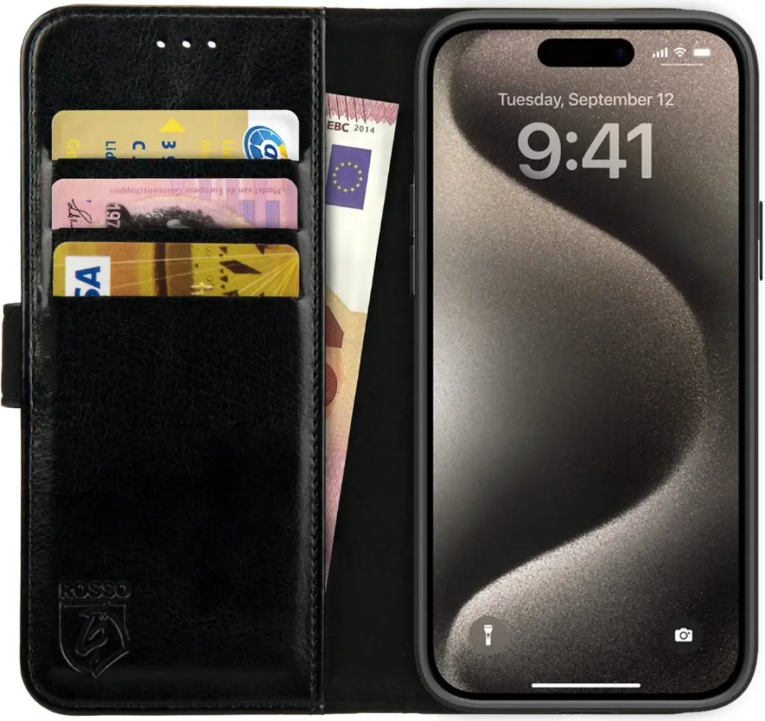 Rosso Element Book Case Wallet iPhone 15 Pro - 3 Pasjes - Zwart