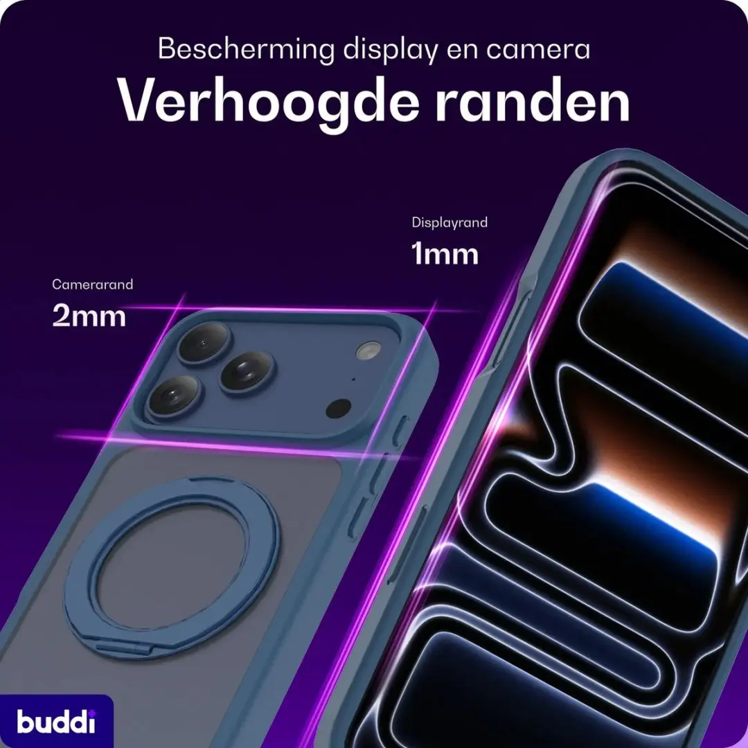 Buddi Frost Hoesje iPhone 17 Pro - Donkerblauw - MagSafe - 360° Stand