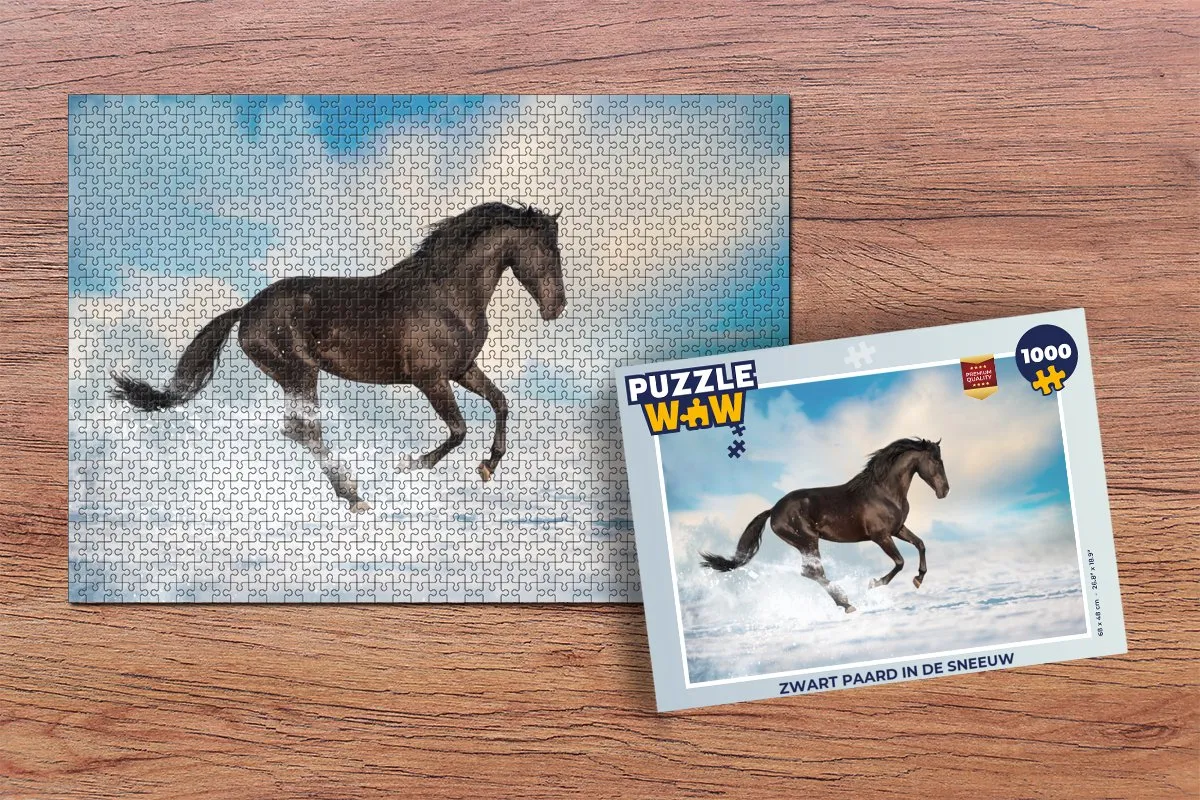 PuzzleWow Legpuzzel 1000 Stuks - Zwart paard in de sneeuw