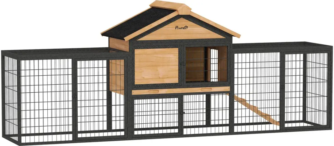PawHut Hasenstall 2 Ebenen mit Satteldach Kaninchenstall aus Vollholz Winterfest