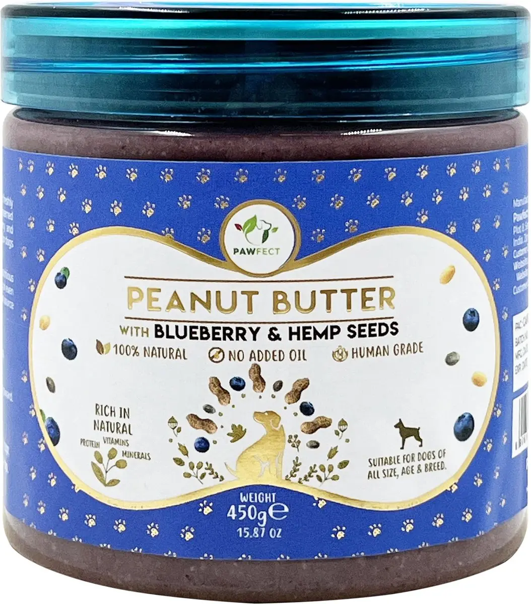 Pawfect Pindakaas voor de hond Blauwe bessen & Hennepzaden 450 gr.