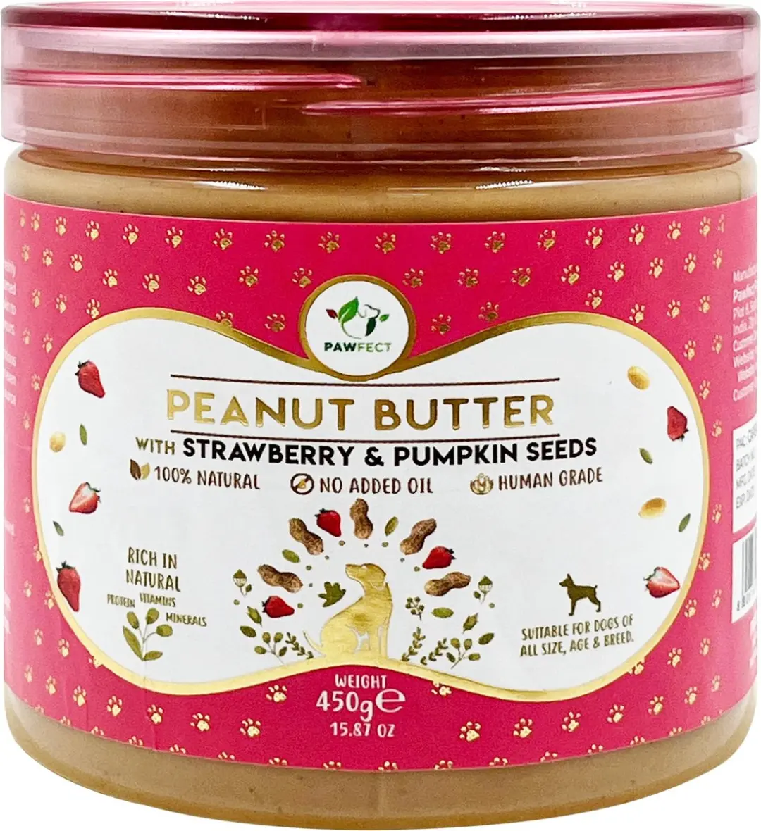 Pawfect Pindakaas voor de hond Aardbei & Pompoenpitten 275 gr.