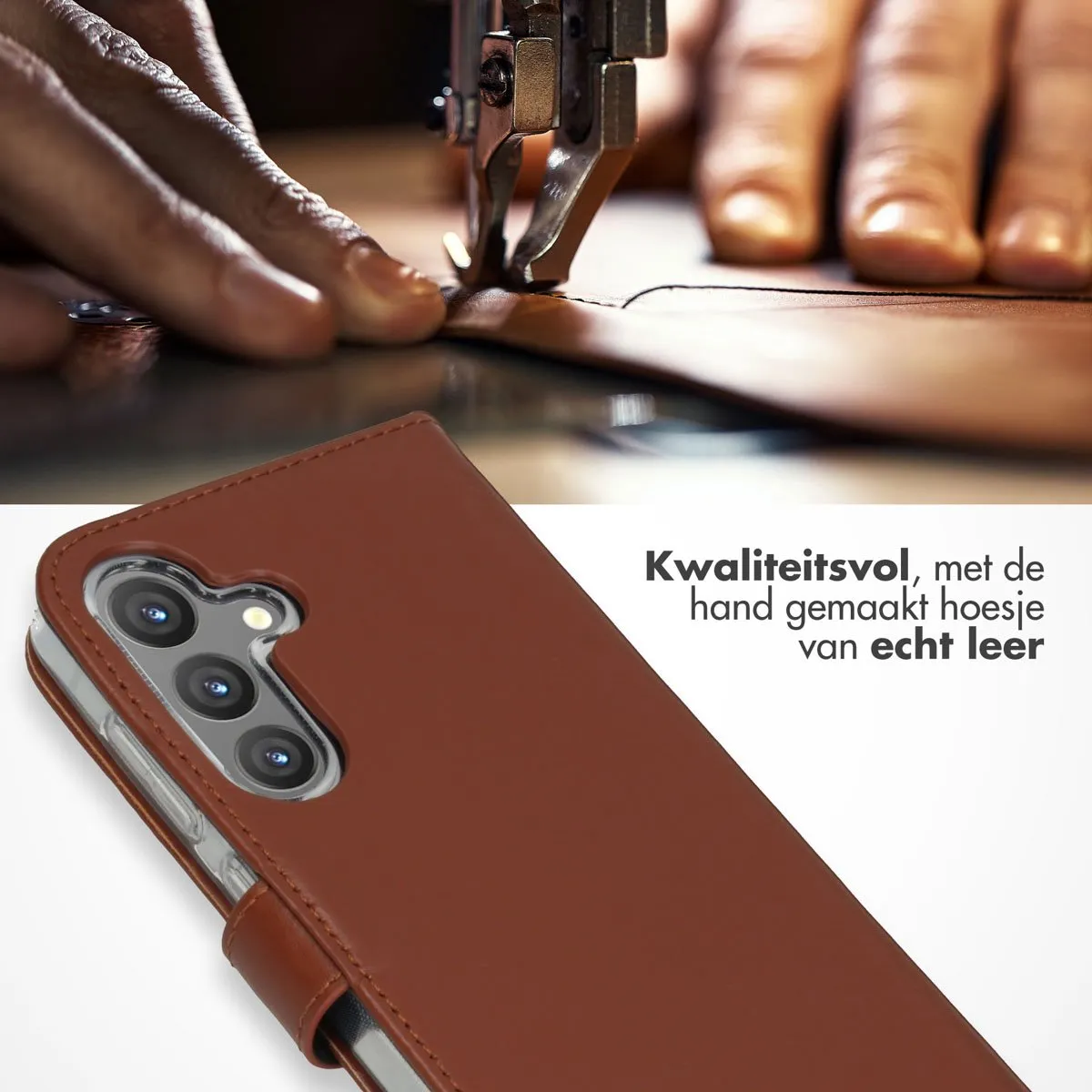 Selencia Hoesje Samsung Galaxy S24 - Echt Lederen Bookcase Lichtbruin