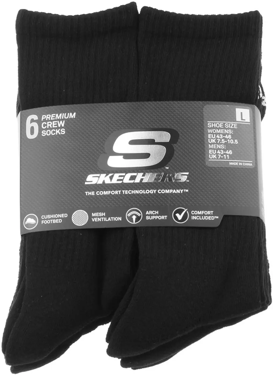 Skechers 6pk Core Crew LG Socks, Unisex, Zwart, Sokken, maat: 43-46