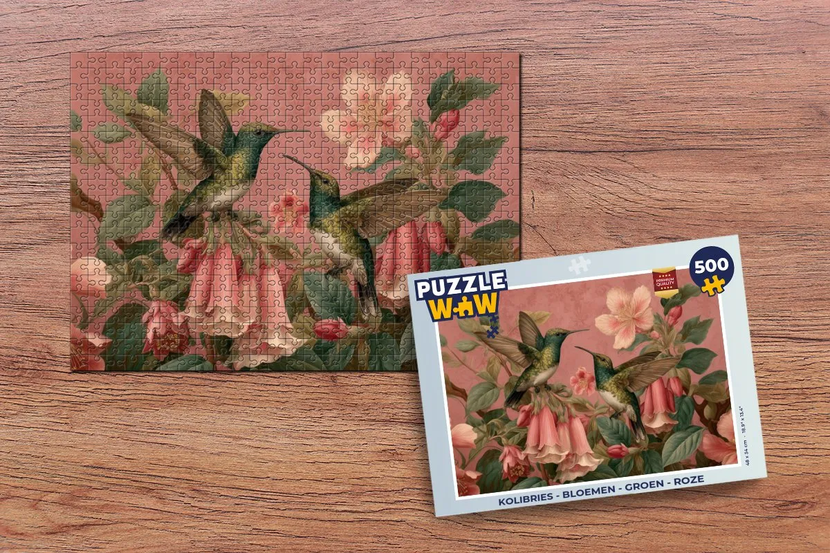 PuzzleWow Kolibries Bloemen Legpuzzel 500 Stuks - Groen Roze