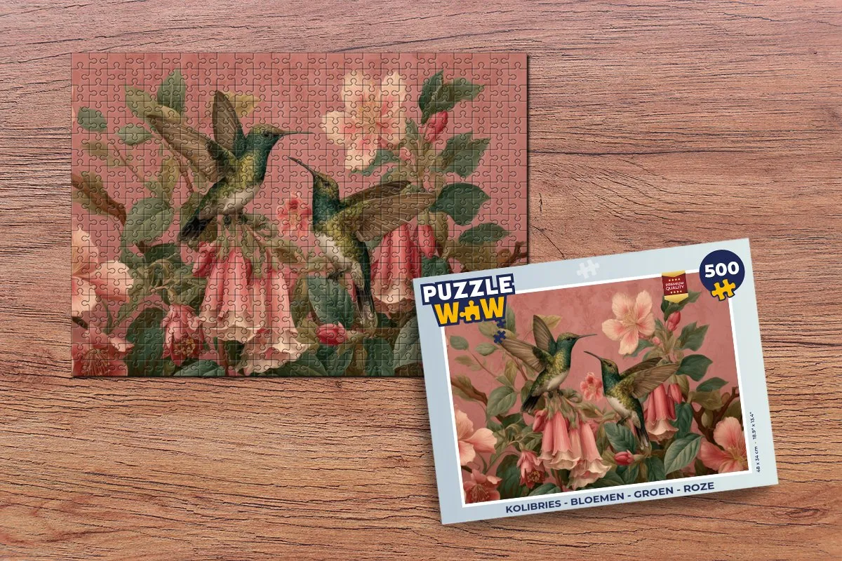 PuzzleWow Kolibries Bloemen Legpuzzel 500 Stuks - Groen Roze