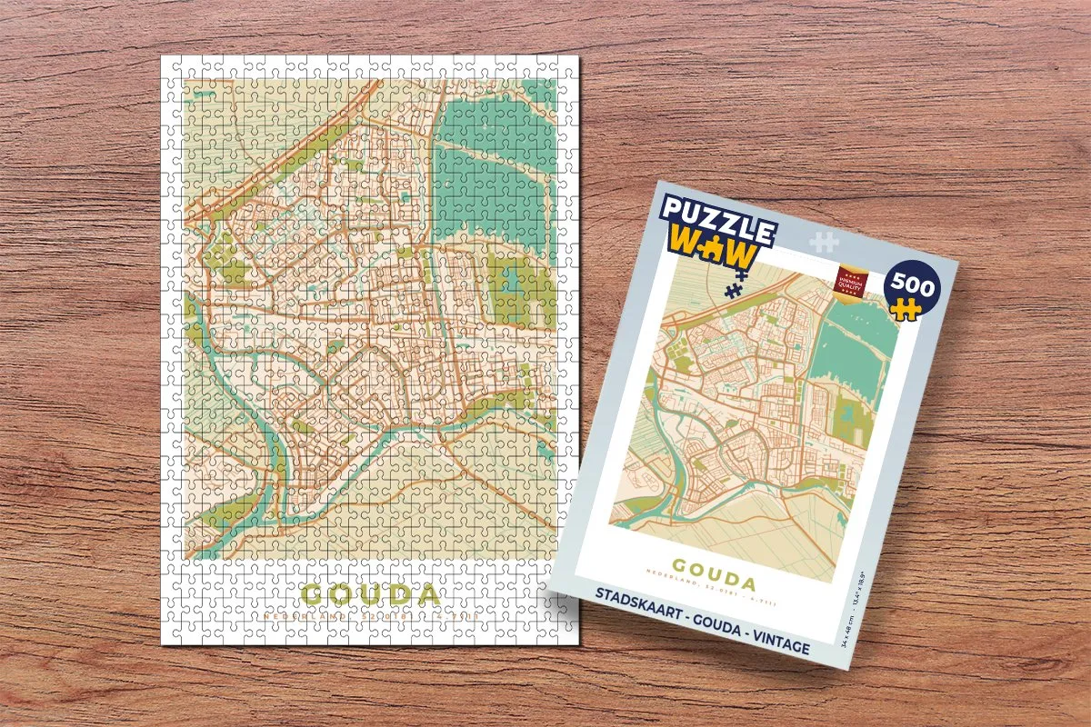 PuzzleWow Stadskaart Gouda Vintage Legpuzzel 500 Stuks - Multicolor