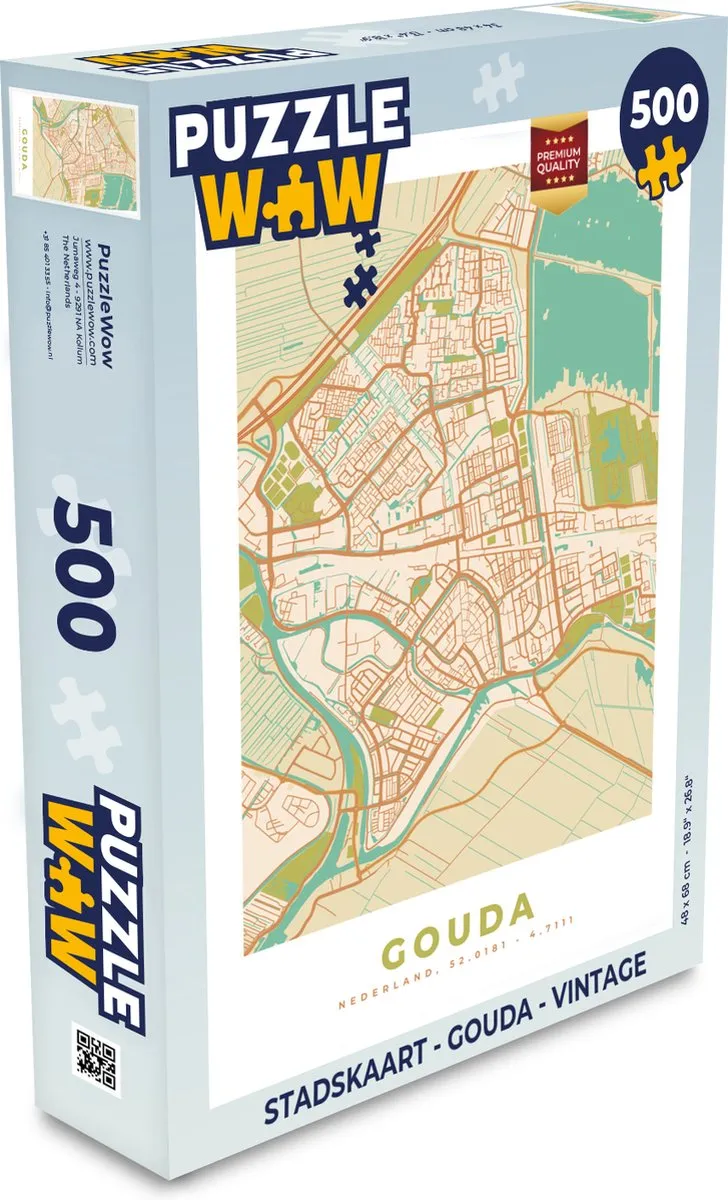 PuzzleWow Stadskaart Gouda Vintage Legpuzzel 500 Stuks
