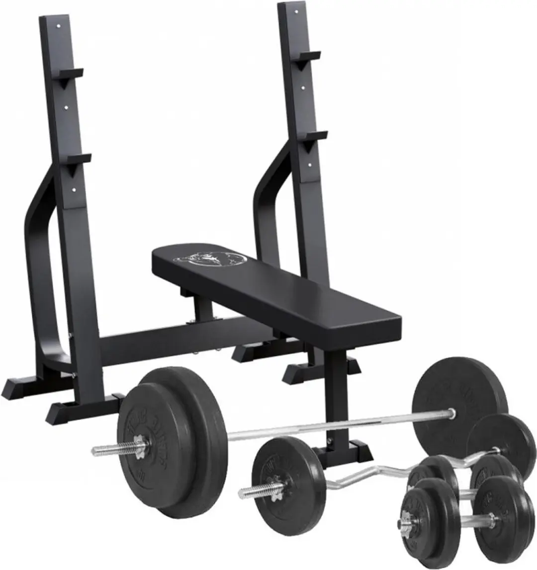 Gorilla Sports Vlakke Halterbank + 100 kg Halterset