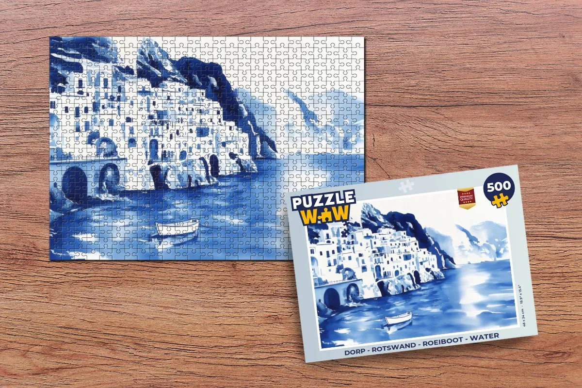 PuzzleWow Rotswand Roeiboot Legpuzzel 500 Stuks - Dorp Water