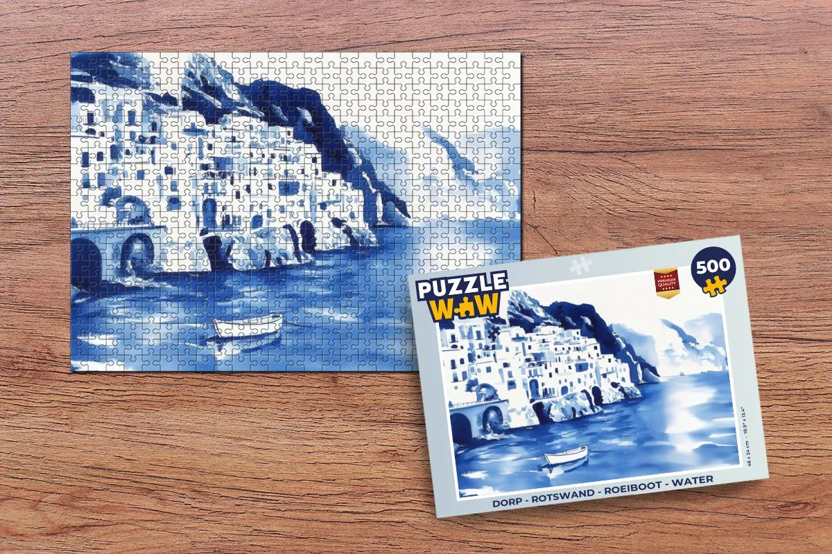 PuzzleWow Rotswand Roeiboot Legpuzzel 500 Stuks - Dorp Water