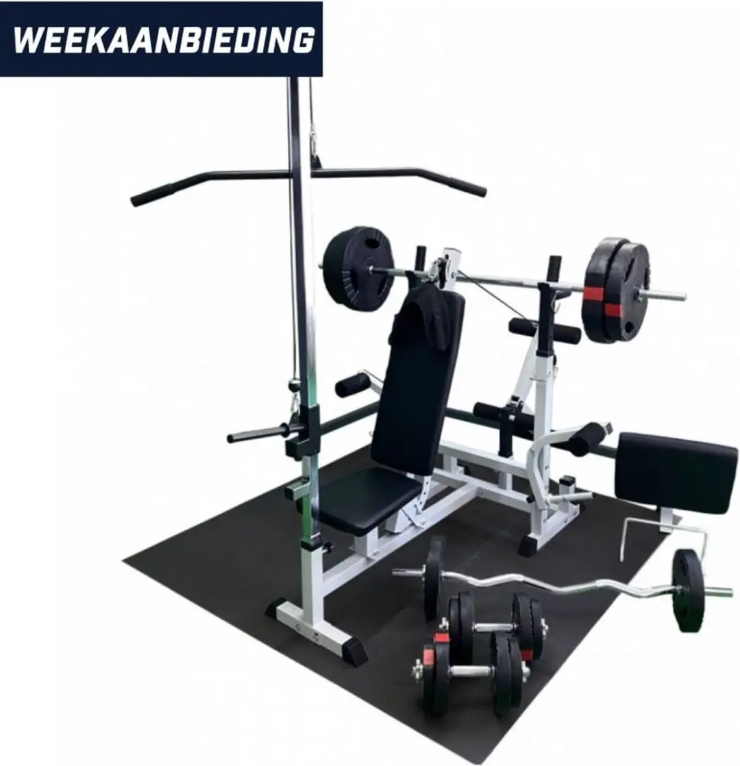 Gorilla Sports Fitnessbank 100kg - Compleet met Lat Pulley & Puzzelmat - Wit