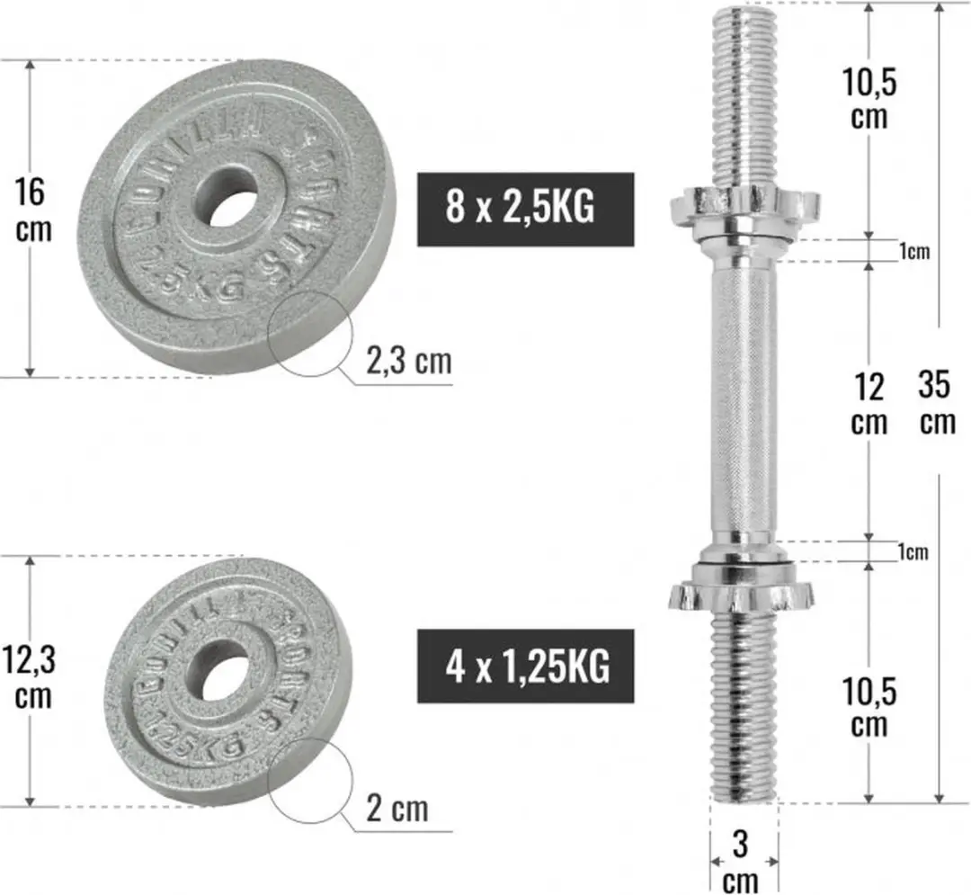 Gorilla Sports Dumbellset 30kg - 18-delig - Zilver