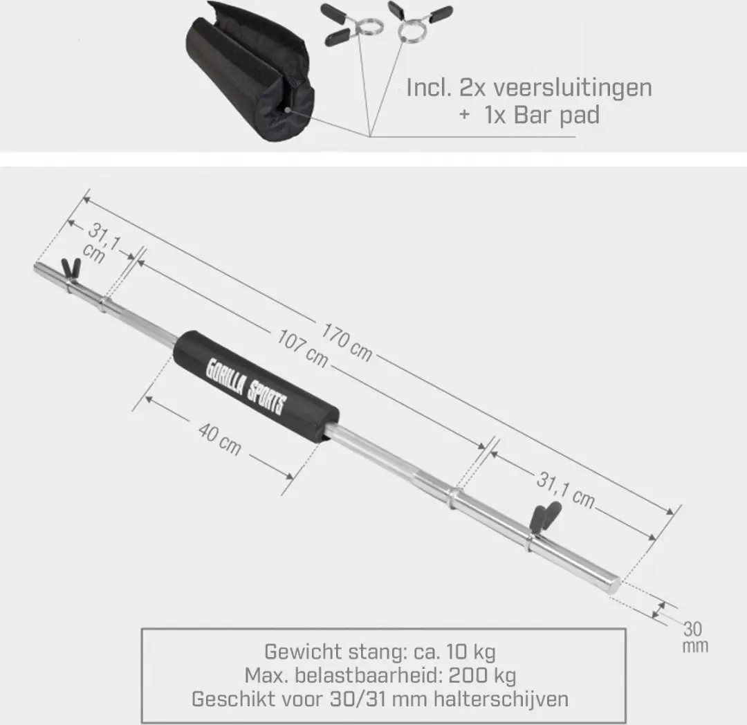 Gorilla Sports Halterstang 170cm - 30mm - Chroom