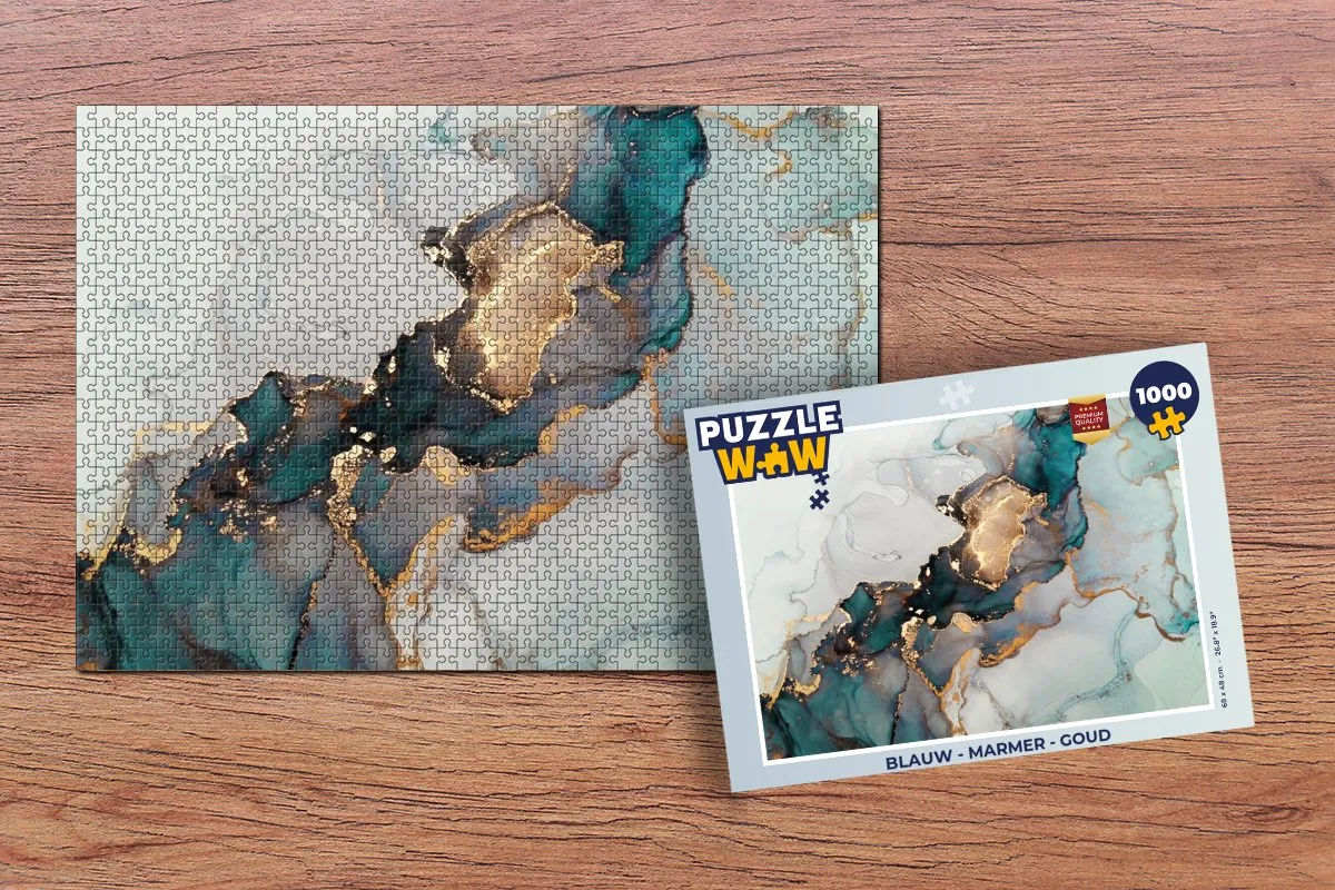 PuzzleWow Legpuzzel 1000 Stuks - Blauw/Goud Marmerprint