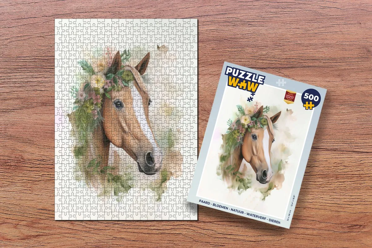 PuzzleWow Paard Bloemen Natuur Waterverf Legpuzzel 500 Stuks - Multicolor