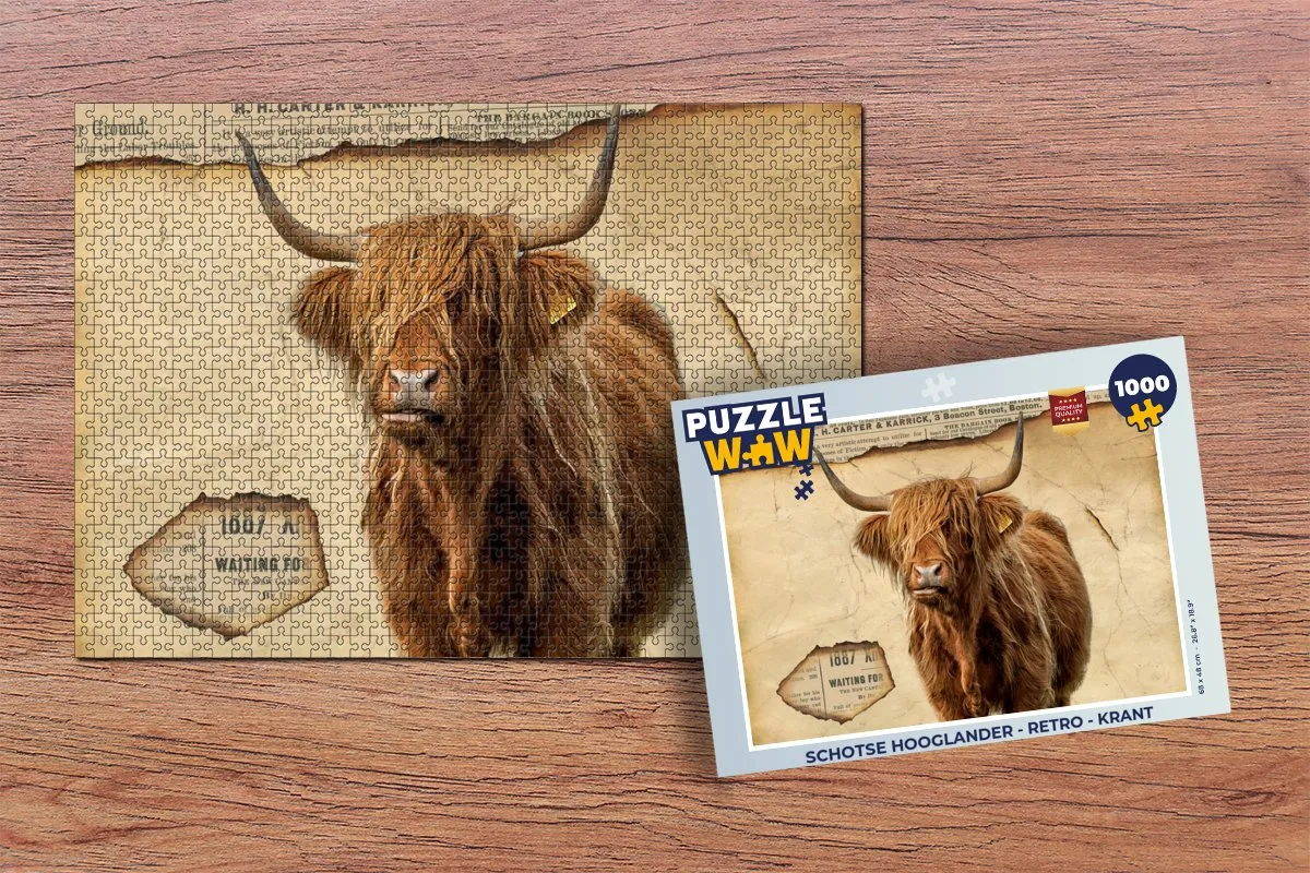 PuzzleWow Schotse Hooglander Retro Krant Legpuzzel 1000 Stuks - Multicolor
