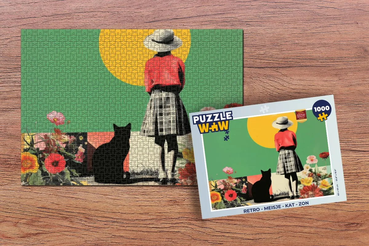 PuzzleWow Retro Meisje Kat Zon Puzzle - 1000 Stuks