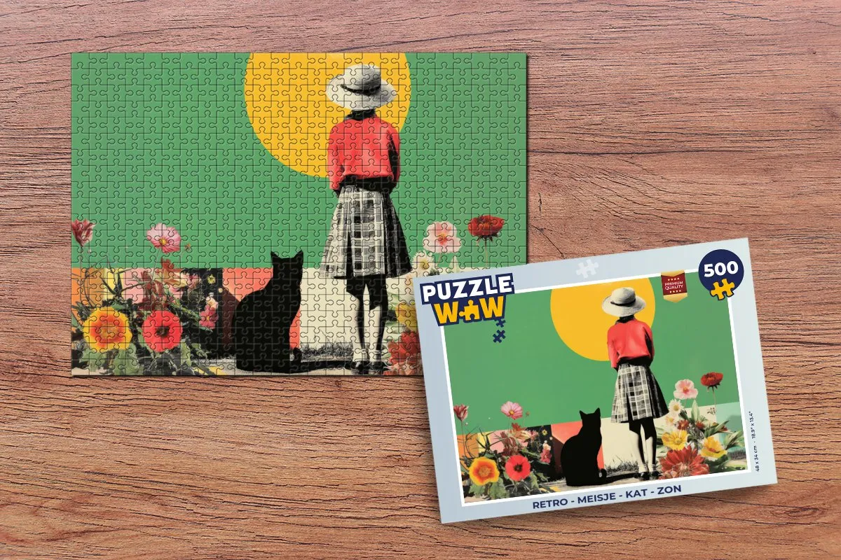 PuzzleWow Retro Meisje Kat Zon Puzzle - 1000 Stuks