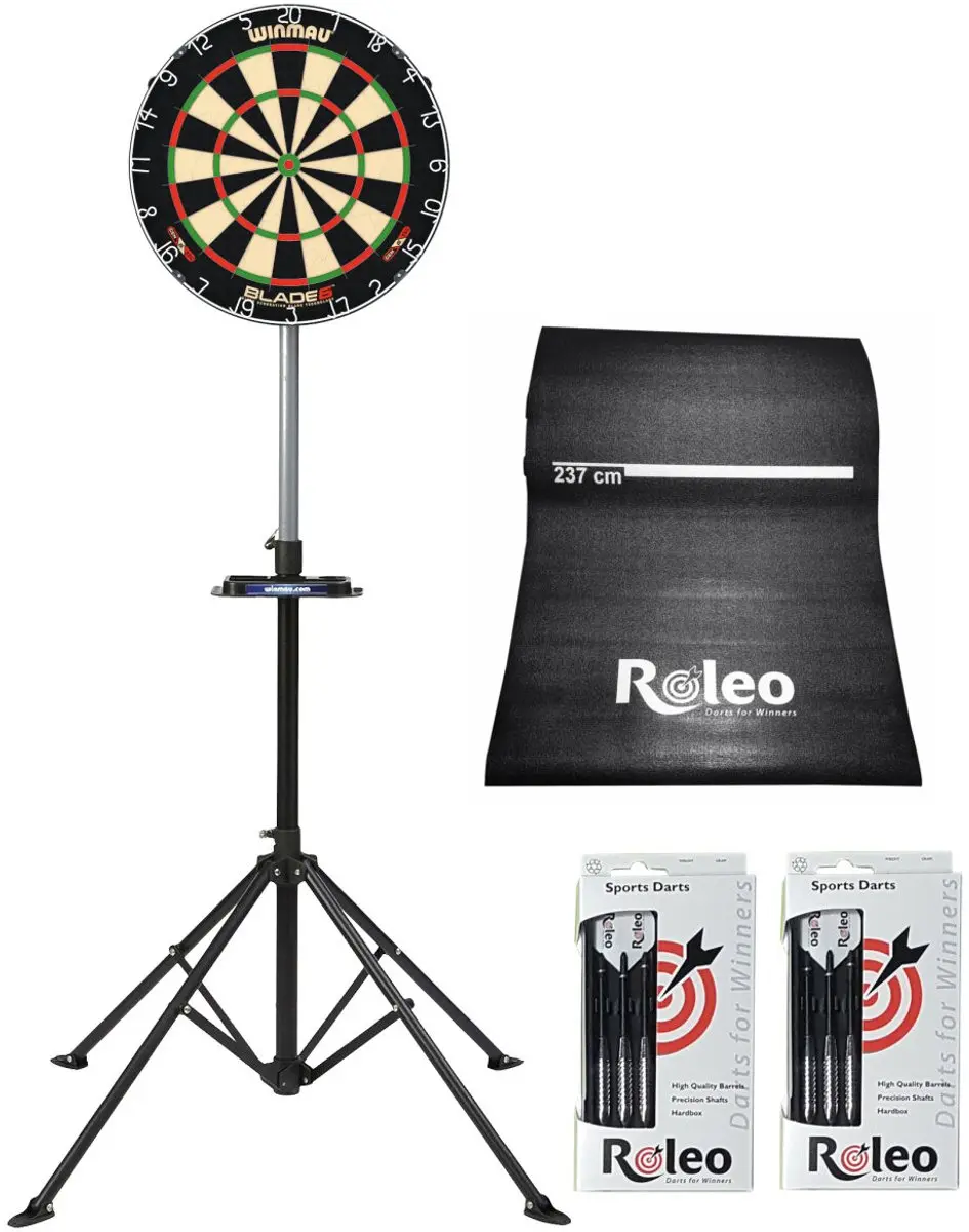 Steeldart Set Winmau Blade 6 + Dartstand + Roleo Dartmat + 2 Sets Dartpijlen