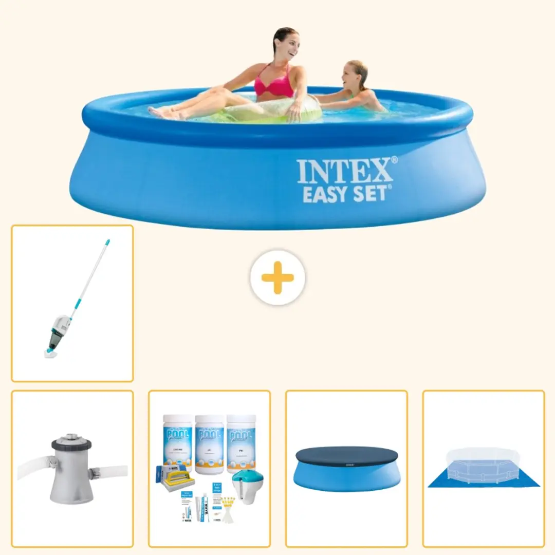 Intex Rond Opblaasbaar Easy Set Zwembad - 244 x 61 cm - Blauw - Inclusief Pomp - Onderhoudspakket - Afdekzeil - Grondzeil - Stofzuiger - 6-delig