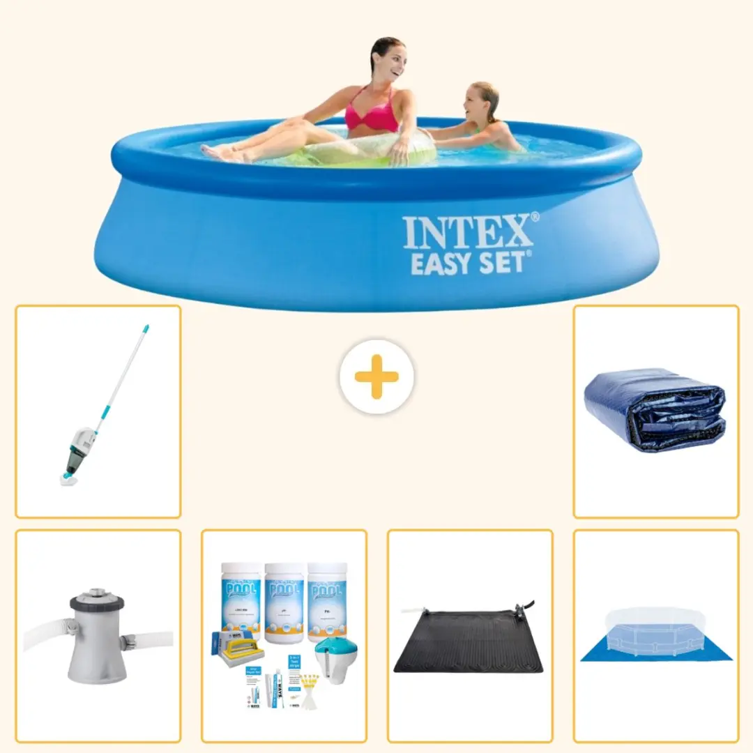 Intex Rond Opblaasbaar Easy Set Zwembad - 244 x 61 cm - Blauw - Inclusief Pomp - Onderhoudspakket - Solar Mat - Grondzeil - Stofzuiger - Solarzeil - 7-delig