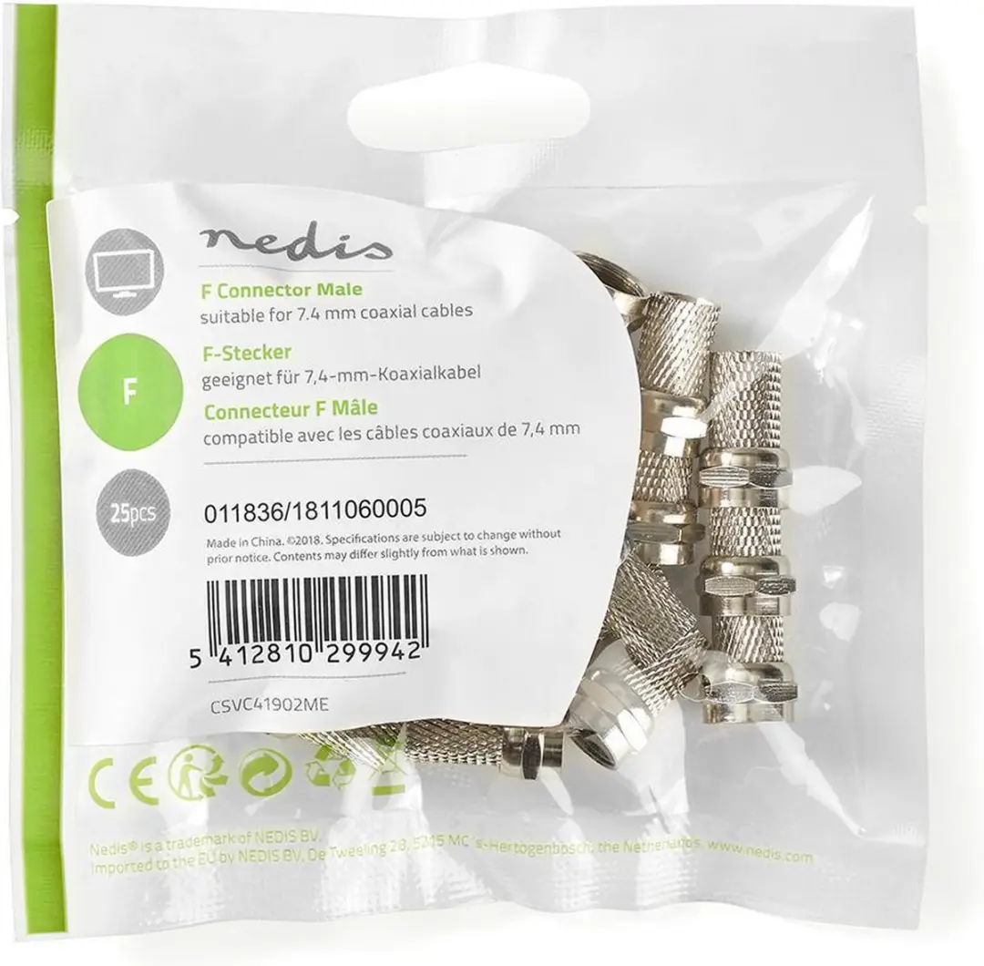Nedis F-Connector Recht Male Vernikkeld 75 Ohm - 25 Stuks