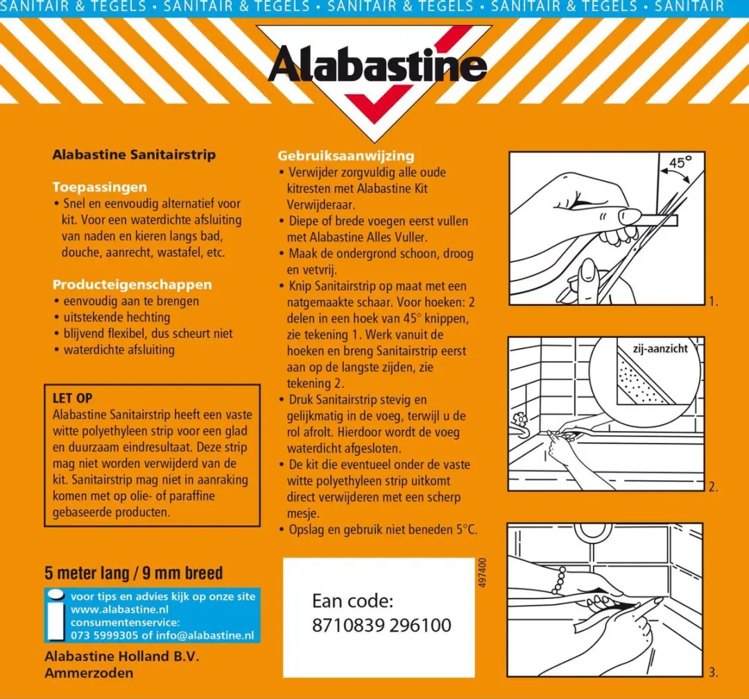 Alabastine Sanitairstrip Tegels & Voegen Wit - 5m